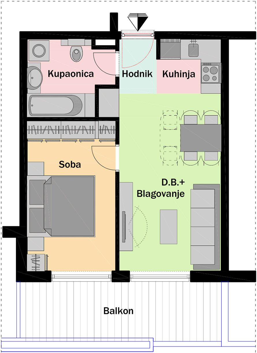 3. kat - Ulaz A - Stan A14 Jednosobni Tlocrt