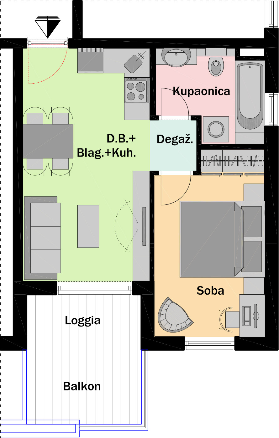 4. kat - Ulaz A - Stan A17 Jednosobni Tlocrt