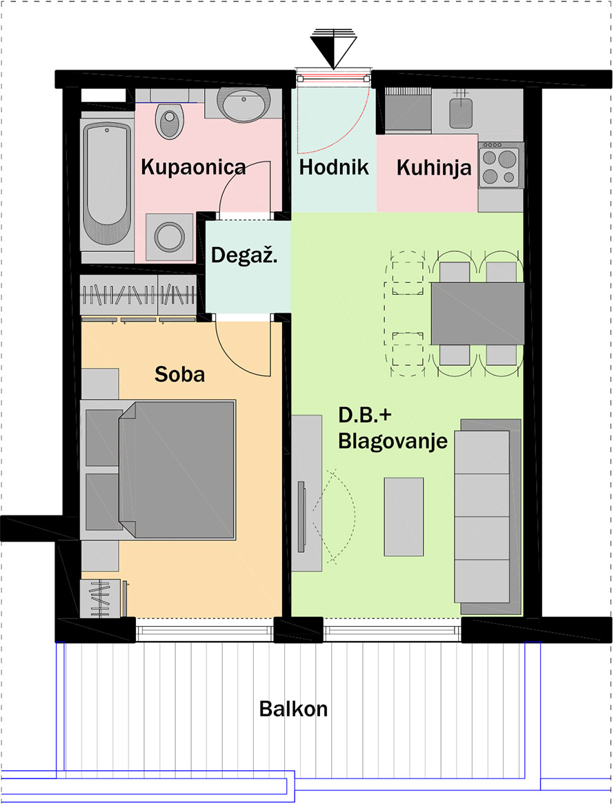 3. kat - Ulaz B - Stan B13 Jednosobni Tlocrt