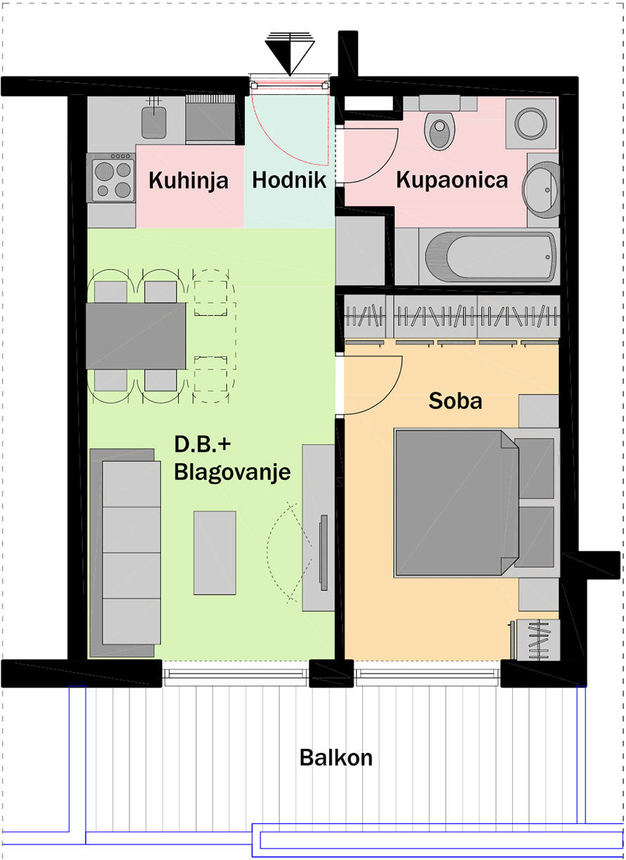 4. kat - Ulaz B - Stan B19 Jednosobni Tlocrt