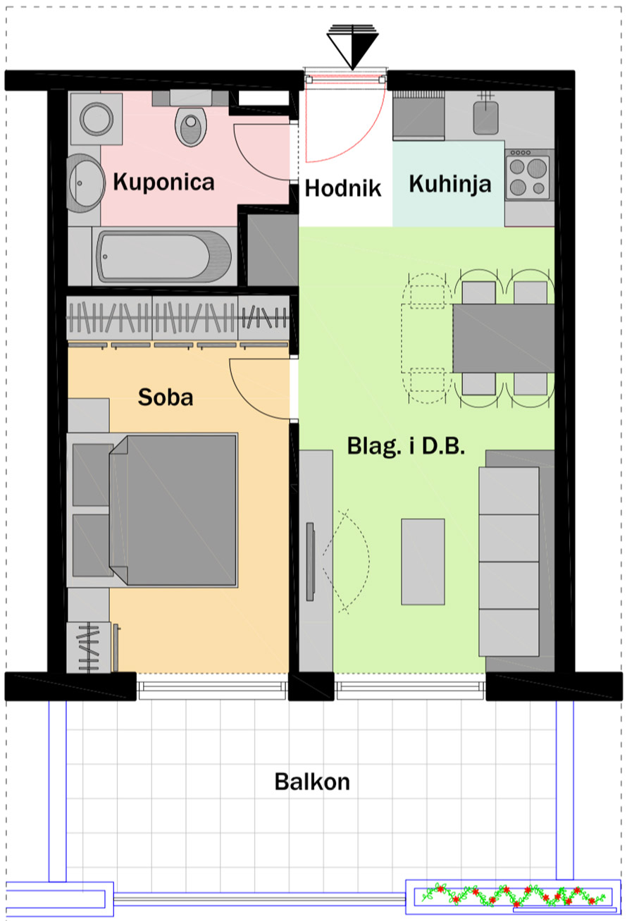 2. kat - Ulaz C - Stan C18 Jednosobni Tlocrt