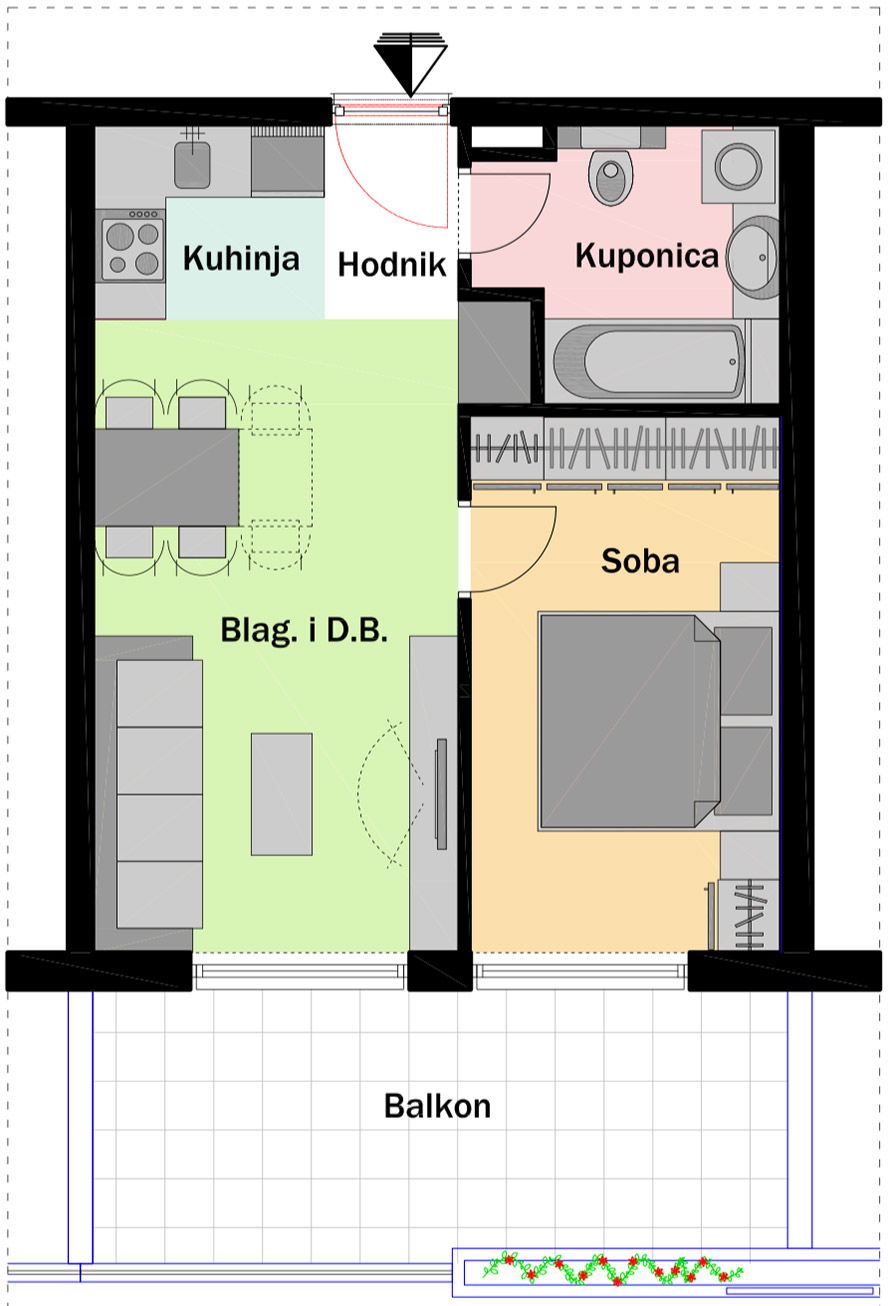 1. kat - Ulaz C - Stan C5 Jednosobni Tlocrt