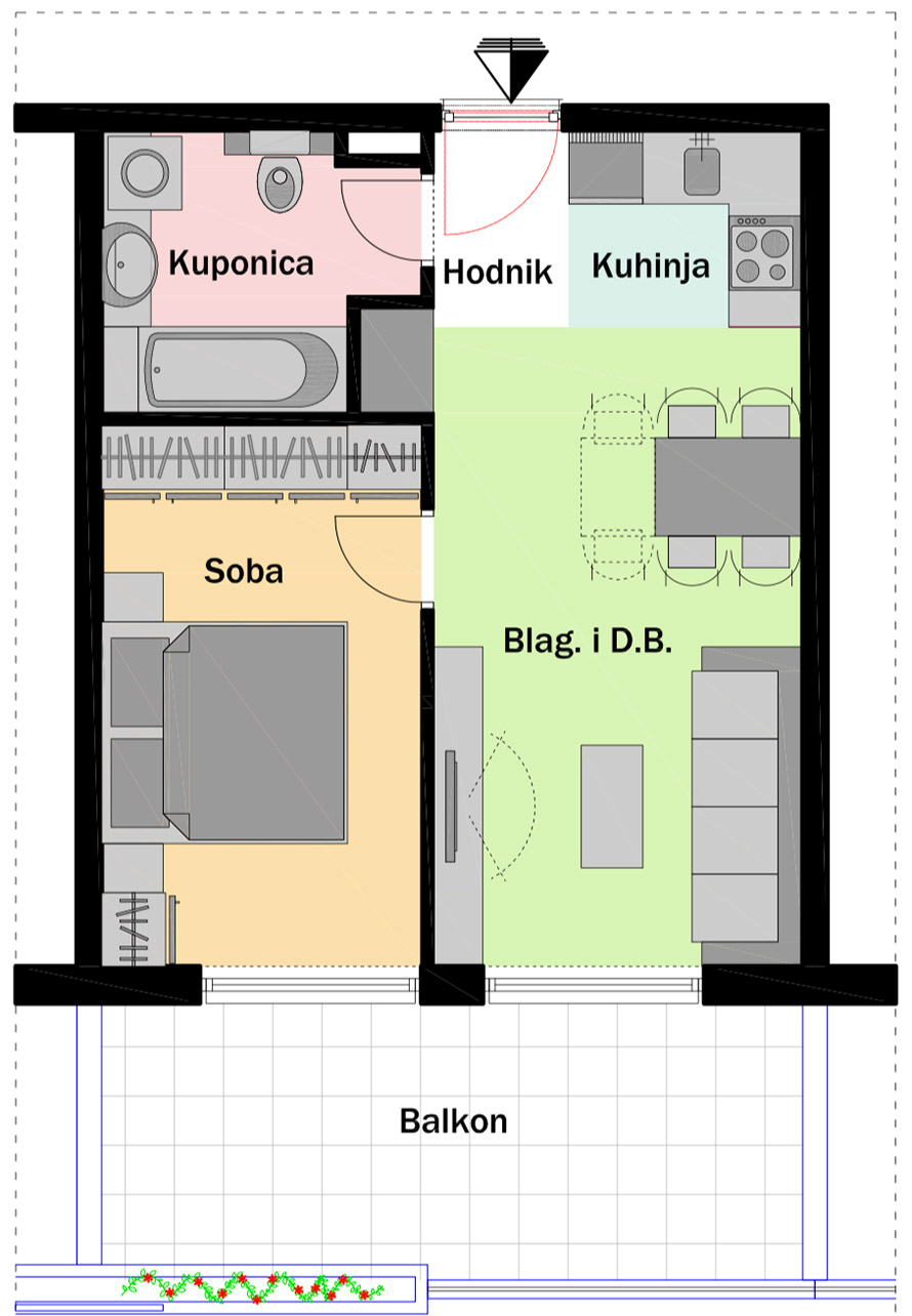 1. kat - Ulaz C - Stan C6 Jednosobni Tlocrt